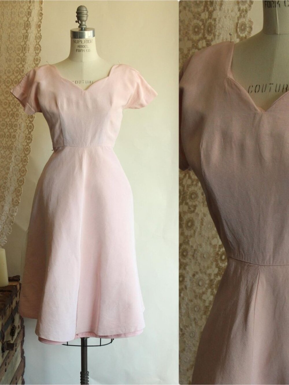 Vintage 1950s Dress, Pink Faille New Look Style with Sweetheart Neckline and Cap